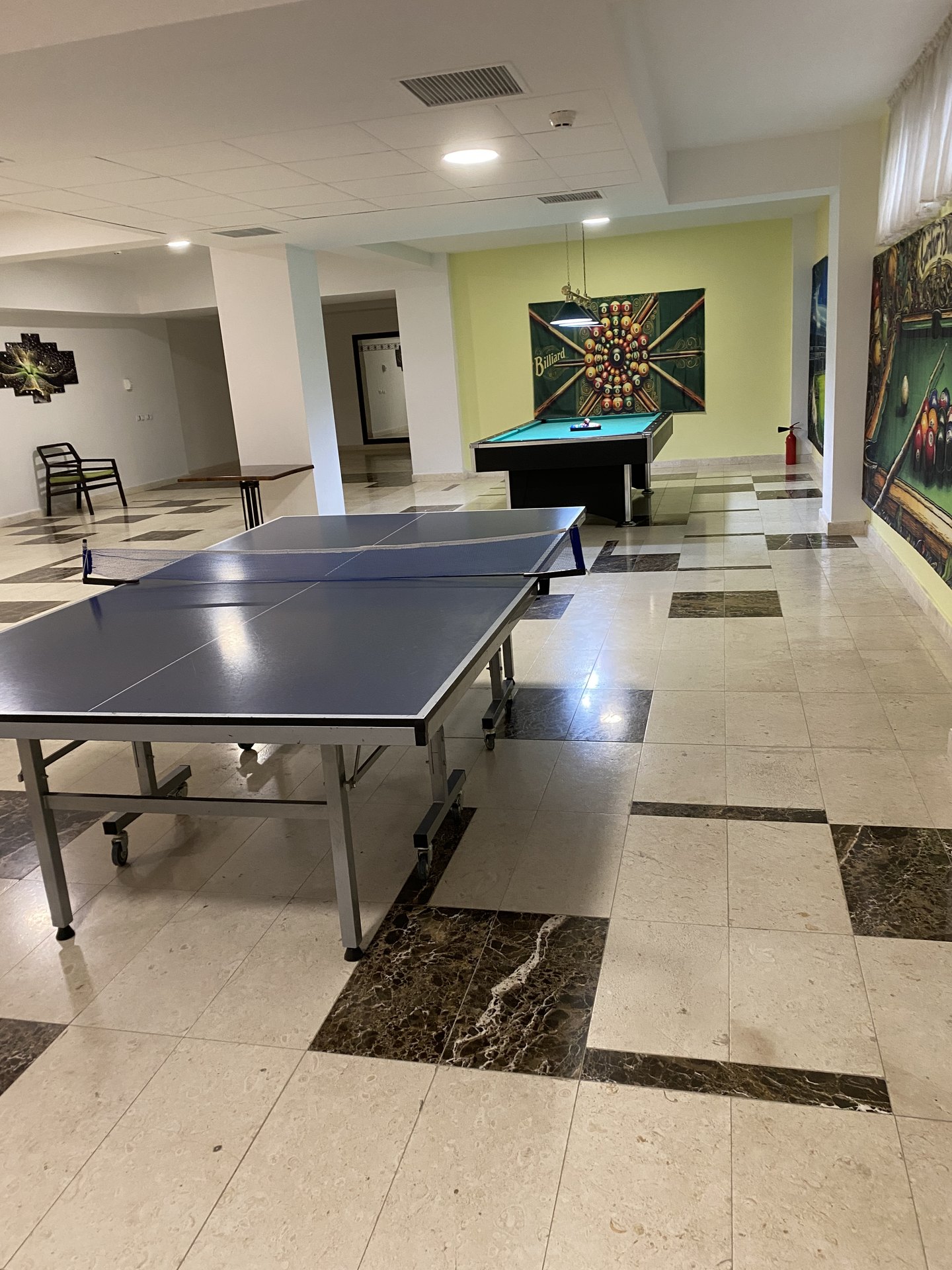Zonă de relaxare cu masă de tenis de masă și biliard